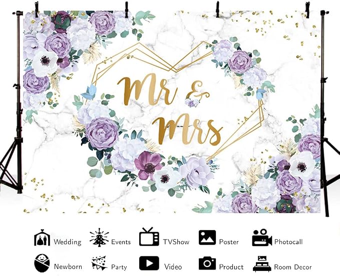 AIBIIN 7x5ft Mr and Mrs Violet Wedding Backdrop - Image 4