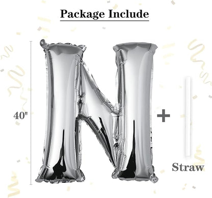 40 inch Silver Letter N Balloon, Big Size Alphabet Foil Mylar Helium Balloons - Image 2