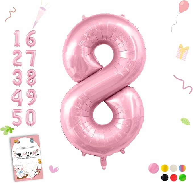 Pastel Pink 8 Balloons, 40 Inch Large Light Pink Foil Number Balloons 0-10 by Smlpuame