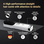Cordless Hair Straightener Brush Portable on The go Comb for Travel 30s Fast Heating USB Rechargeable Dual Power Supply LCD Display with Pouch (White)