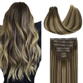 GOO GOO Clip in Hair Extensions Real Human Hair, Remy Human Hair Extensions Clip ins for Women, Natural Human Hair, 18inch 110g 7Pcs, 4/26/4 Balayage Chocolate Brown to Honey Blonde