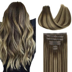 GOO GOO Clip in Hair Extensions Real Human Hair, Remy Human Hair Extensions Clip ins for Women, Natural Human Hair, 20inch 110g 7Pcs, 4/26/4 Balayage Chocolate Brown to Honey Blonde