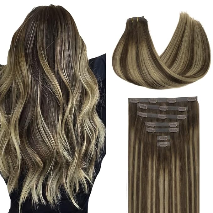 GOO GOO Clip in Hair Extensions Real Human Hair, Remy Human Hair Extensions Clip ins for Women, Natural Human Hair, 20inch 110g 7Pcs, 4/26/4 Balayage Chocolate Brown to Honey Blonde