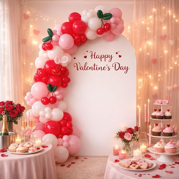 152PCS Cherry Balloons Garland Kit, Cherry On Top Theme Red Pink White Balloon - Image 2