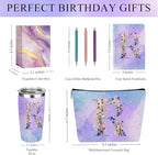 Personalized Gifts Monogrammed Birthday Gifts for Women, New Mom, Grandma Thank You Christmas, Initial 20 oz Tumbler, Makeup Cosmetic Bag Cup Pens Journal Notebook 6 Set, (Aesthetic Purple Flower R)