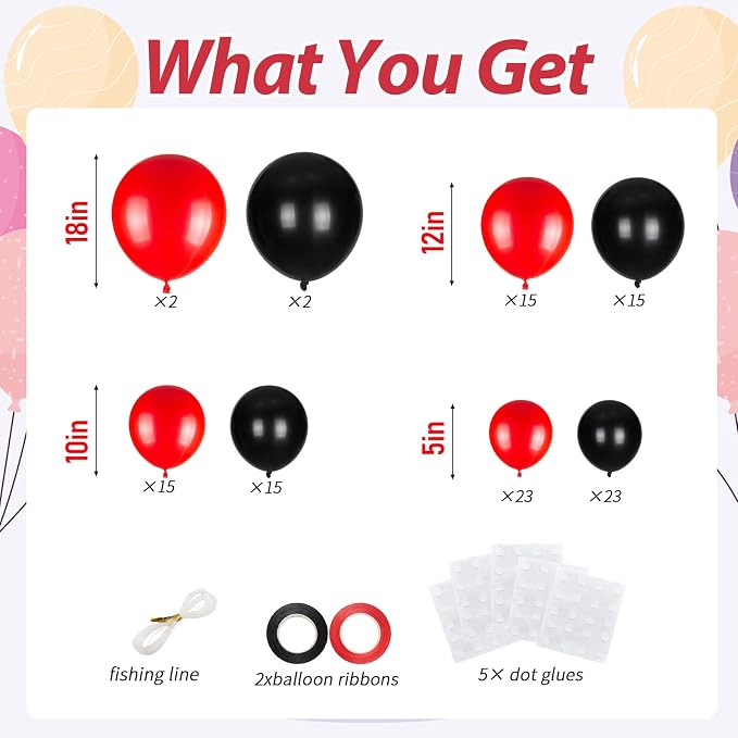 110pcs Red and Black Balloons Garland Arch Kit, 18/12/10/5 Inch Balloons | - Image 3