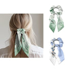 Green Bamboo Print Satin Hair Ties No Damage Long Hair 2 Pcs Floral Blue Knotted Bow Hair Scrunchies Elastic Scarf Scrunchies for Women Girls