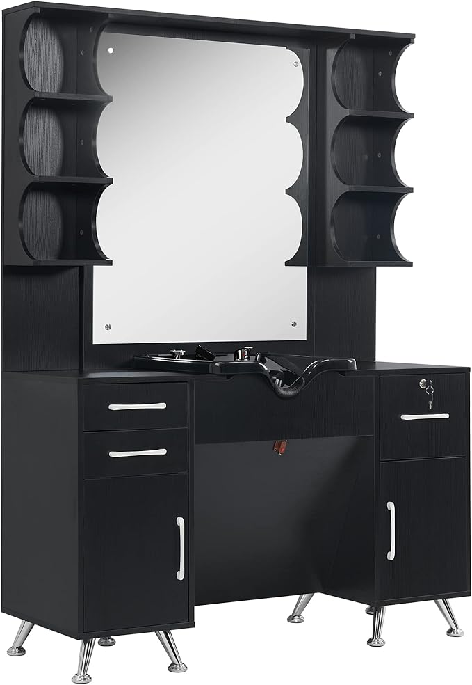 BarberPub Backwash Shampoo Bowl Cabinet, Wall Mount Station with Mirror, Storage Cabinet with Drawers & Shelf Salon Equipment 3141 (Black)