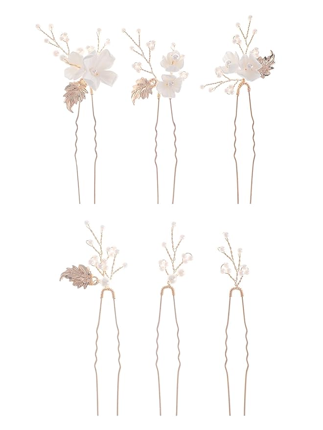 Handmade Pearl Bridal Wedding Hair Pins 6Pcs White Flower Gold Leaf Pearls Clips Bridal Hair Accessories for Women Brides Bridesmaid
