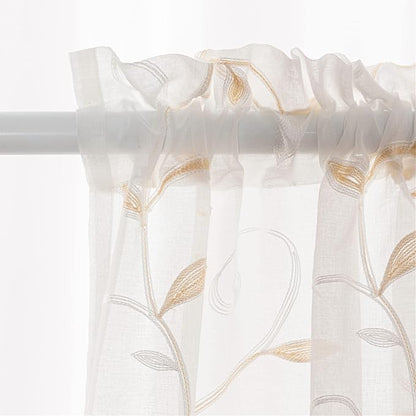 White Sheer Curtains Beige Embroidered Leaves 2 Panels 54Wx84L | Light - Image 2