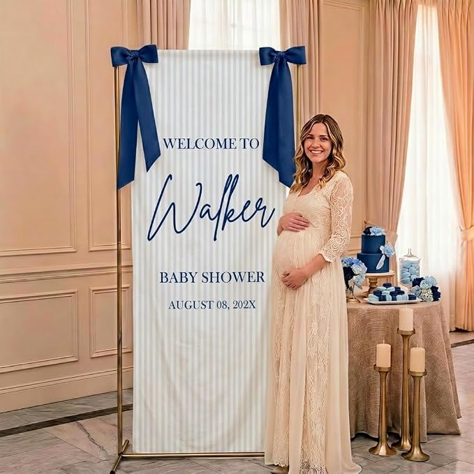 Custom Blue Striped Baby Shower Fabric Sign Hello Baby Linen Backdrop 1 | - Image 2