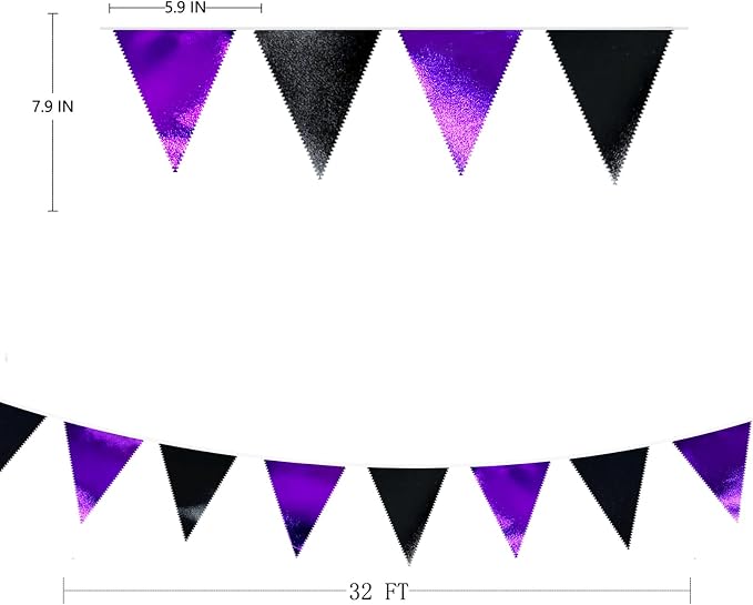 Purple and Black Party Decorations Metallic Fabric Triangle Pennant Banner Flag - Image 2