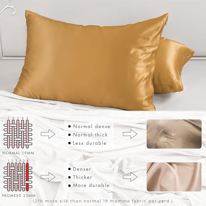 PROMEED 23 Momme Mulberry Silk Pillowcase for Hair and Skin - Both Sides Premium Natural Silk Pillow Case, Grade 6A+ Soft Cooling Pillow Cases, 1pc (Queen 20"x30", Gold)