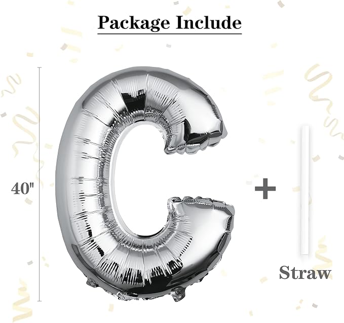 40 inch Silver Letter C Balloon, Big Size Alphabet Foil Mylar Helium Balloons - Image 2