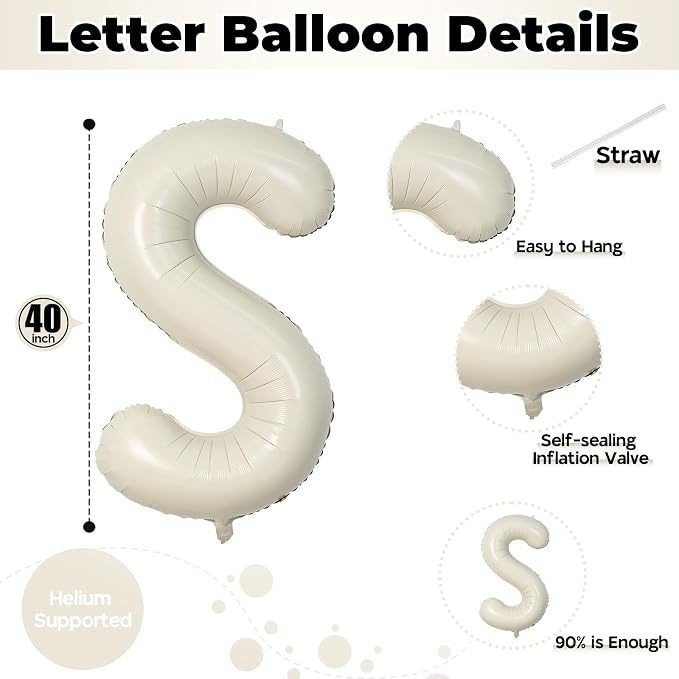 Giant Alphabet S Foil Balloons, Nude Cream White Custom Mylar Letters Balloon - Image 2