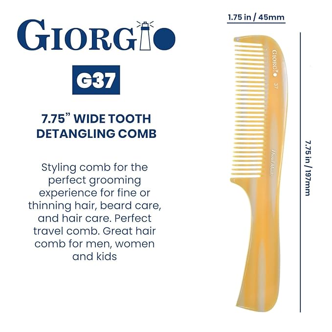 Giorgio G37 Large Coarse Detangler Comb, Wide Teeth for Thick, Curly, or Wavy Hair – For Wet and Dry Use, Handmade Rake Saw-Cut from Polished Cellulose Imitation Horn