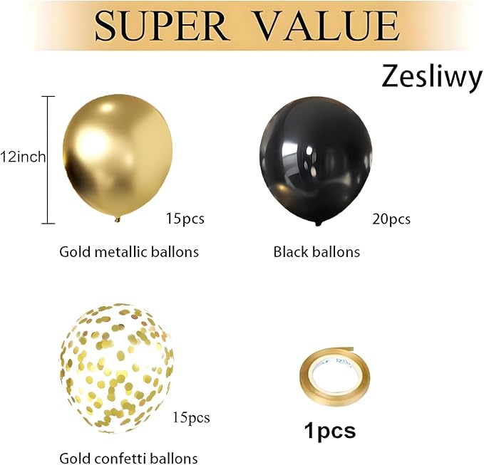 Zesliwy Black and Gold Confetti Balloons, Party Decor | Gold Metallic and Black - Image 2
