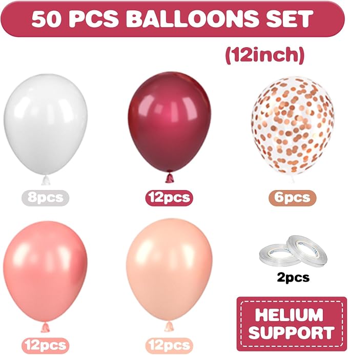 Burgundy Balloons, 12 Inch Maroon Balloons, Wine Red White Pearl Metallic Rose - Image 2