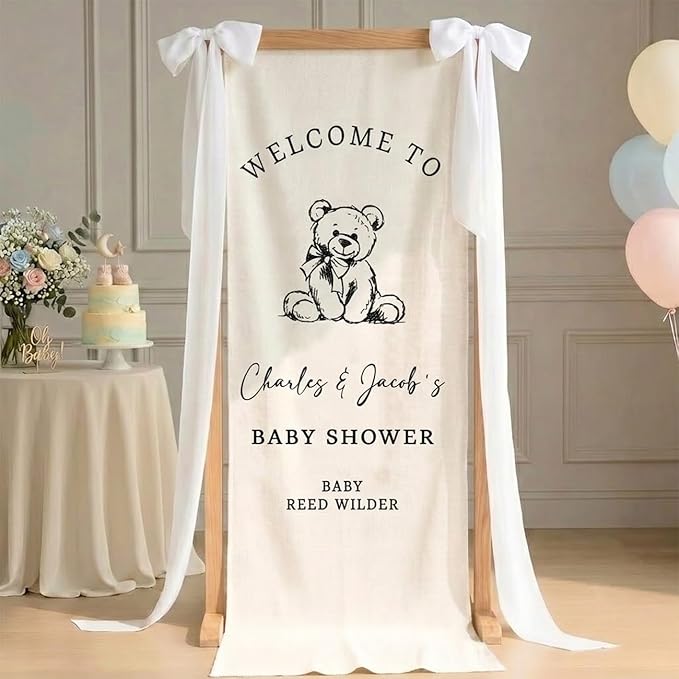Personalized Bear Baby Shower Fabric Welcome Sign Hello Baby Linen Backdrop | by Unknown