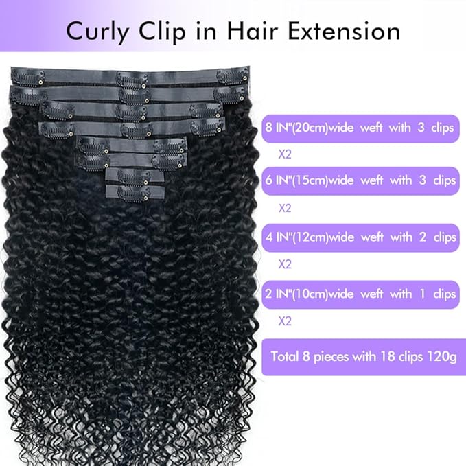 Seamless 3C 4A Kinky Curly Clip In Extension PU Weft Curly Clip in Extension Human Hair Clip Ins Full Head for Black Women Brazilian Remy Human Hair Natural Color 8Pcs with18clips 120g/Set (16 inch)