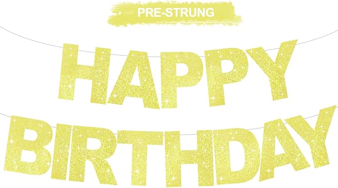 BEISHIDA Pre-Strung Glitter Yellow Happy Birthday Banner Party Sign Decor | NO by Beishida