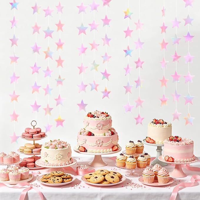 Iridescent Pink Shining Star Hanging Garland Pink Holographic Hanging Sparkling - Image 2