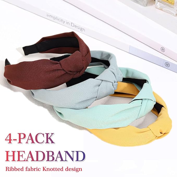 Wide Knotted Headbands, Non-Slip Hair Accessories for Women, 4-Pack (Brown Ginger Sage Green Mint)