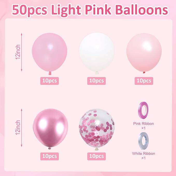Patimate Pink and White Balloons Set 50 pcs 12 inch | Pearl Light Pink Confetti - Image 3