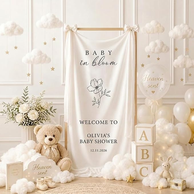 Personalized Baby in Bloom Baby Shower Fabric Welcome Sign Linen Backdrop 1 | - Image 3