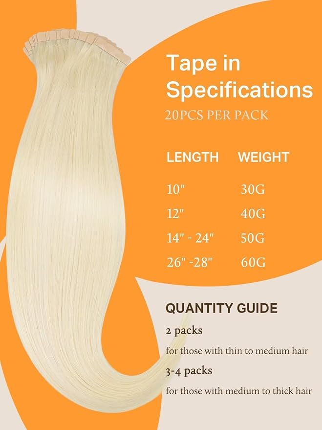 DOORES Tape in Hair Extensions Platinum Blonde 24 Inch 50g 20pcs Remy Human Hair Extensions Tape in Real Hair Skin Weft Hair Extensions Straight