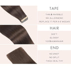 Tape in Hair Extensions Human Hair, 20pcs 16 Inch Darkst Brown Remy Hair Extensions Straight Human Hair Tape in Extensions Skin Weft Tape Extensions Human Hair (2#,16 Inch)
