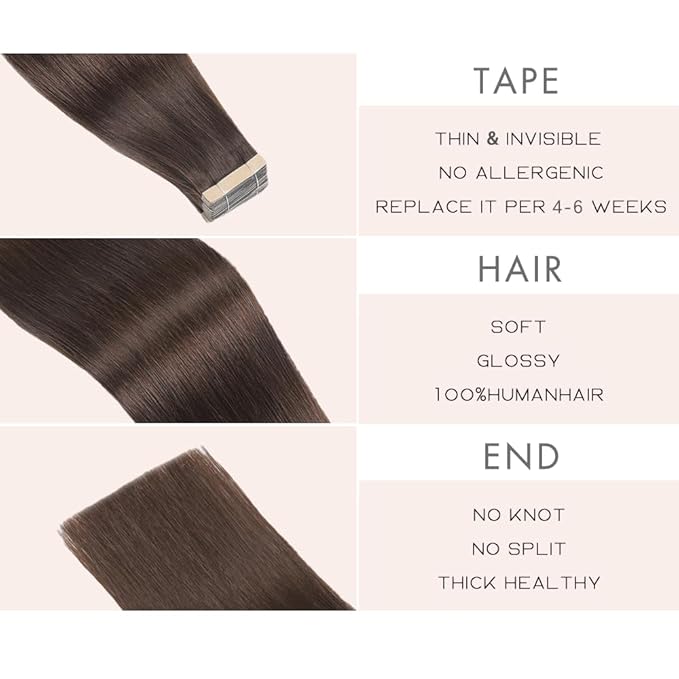 Tape in Hair Extensions Human Hair 20pcs Remy Hair Extensions 18 Inch Darkest Brown Straight Invisible Human Hair Tape in Extensions Skin Weft Tape Extensions Human Hair (2#,18 Inch)