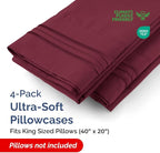 King Pillow Cases Set of 4 - Ultra Soft Hotel Quality Pillowcase Covers - Comfy, Cozy & Wrinkle Free - Shrinkage, Stain and Fade Resistant - Machine Washable Pillow Protectors - 4 Piece Set - Burgundy