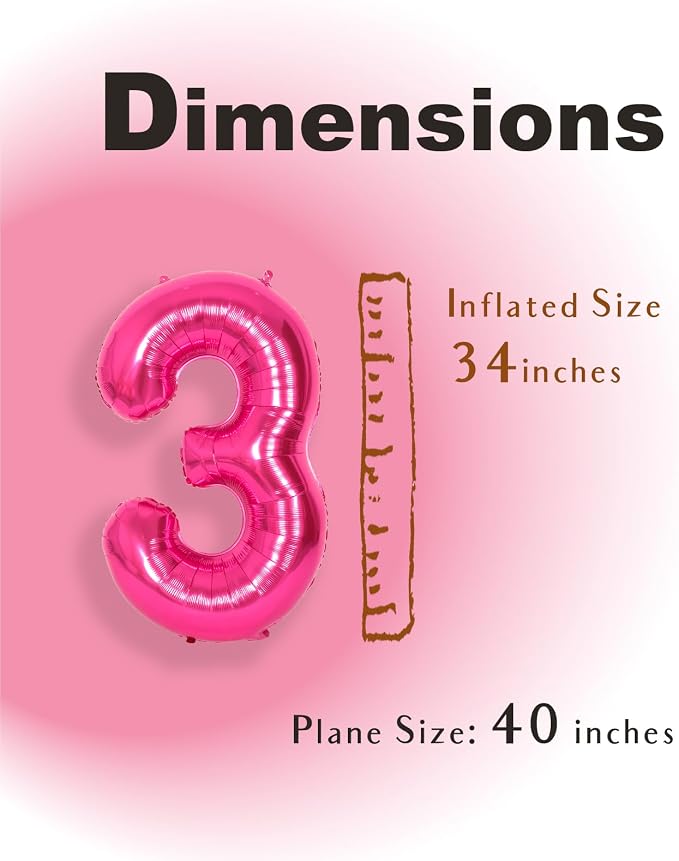 SUWEN 40 Inch Hot Pink Large 3 Number Balloons Big Foil Helium Number Balloons - Image 4
