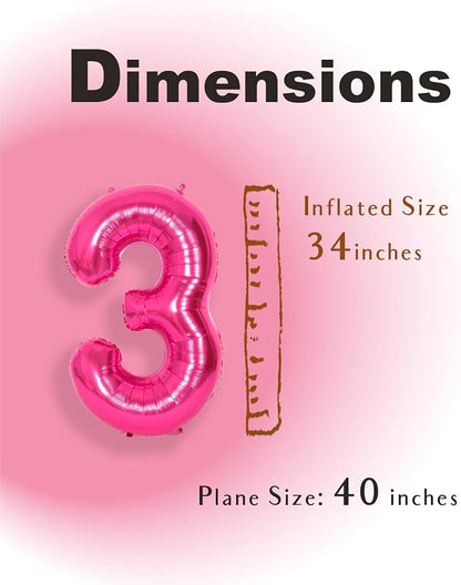 SUWEN 40 Inch Hot Pink Large 3 Number Balloons Big Foil Helium Number Balloons - Image 4