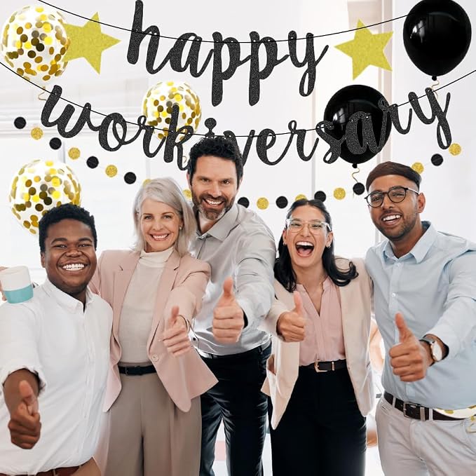 Happy Workiversary Banner Black Gold Glitter Work Anniversary Party Decorations - Image 7