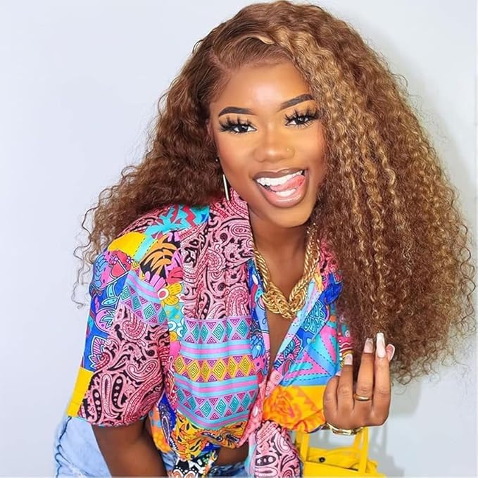 CYNOSURE 18 Inch Highlight Ombre Deep Curly Lace Front Wigs Human Hair 13x5 HD Transparent Lace Frontal Wig Honey Blonde Jerry Curly Wig Human Hair Pre Plucked 180 Density for Women