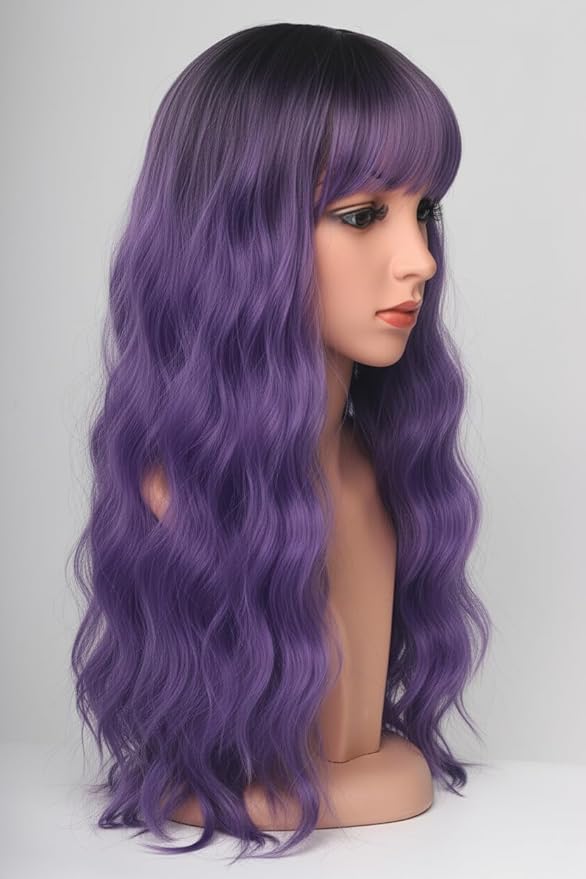 Purple Hair Wavy Wigs With Bangs For Women Synthetic Purple Wigs For Daily Use Everyday Wear.