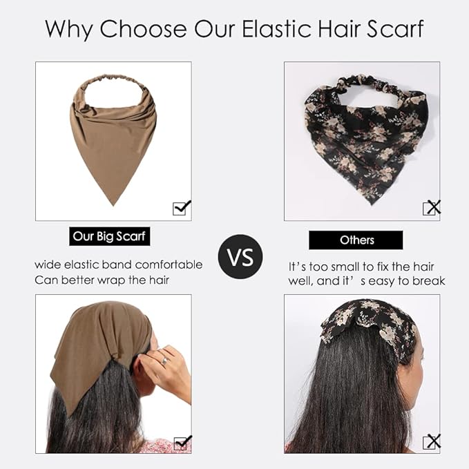 6 Pack Hair Scarf Headband for Women Elastic Bandana Head Scarf Large Boho Triangle Kerchief with Clips Non Slip Scarves