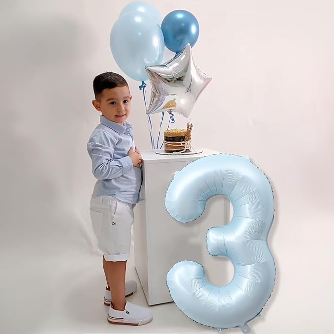 3rd Birthday Balloons for Boys, Pastel Sky Blue Large Mylar 3 Balloon Number - Image 4