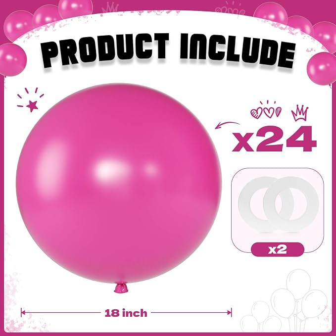 Hot Pink Balloons 18 Inch 24 Pack Matte Helium Latex Round Balloons - Image 2