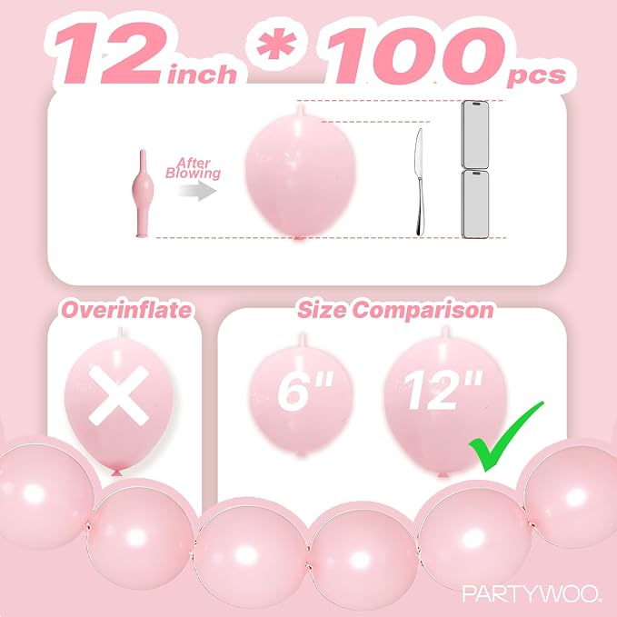 PartyWoo Baby Pink Linking Balloons 100pcs 12 Inch Pink Link Balloons | - Image 4