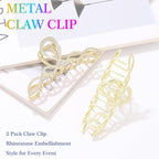 Rhinestone Hair Claw Clip, Large Metal Gold Claw Clip for Thick Hair, Sparkly Hair Accessories for Women (2 Pack)