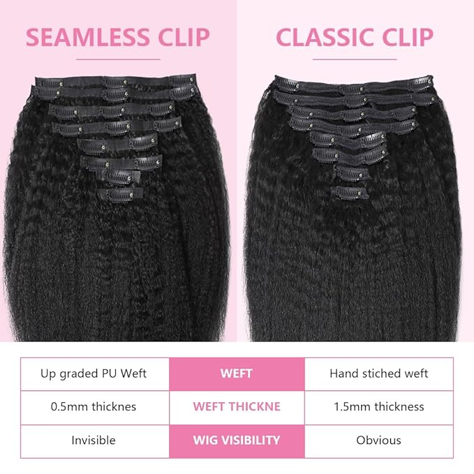 Seamless Clip In Hair Extensions Human Hair Invisible Pu Skin Weft Kinky Straight Seamless Clip Ins For Black Women Real Human Hair Extensions 8pcs With 18clips Per Set 120g (28inch,Natural Black)