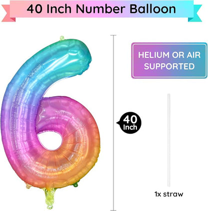 Rainbow Number 6 Balloon, 40 Inch Large Number Foil Mylar Balloons - Image 2