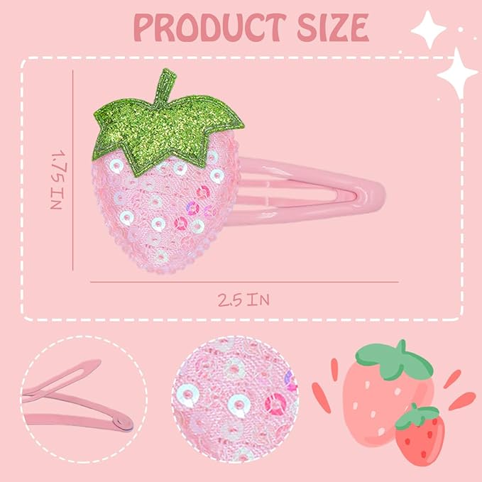 IKOLA Snap Hair Clips for Girls, Sequin Strawberry Hair Clips Water Drop Non Slip Fabric Hair Barrettes Sparkly Hair Accessories for Kids, Toddler Girls - Pink