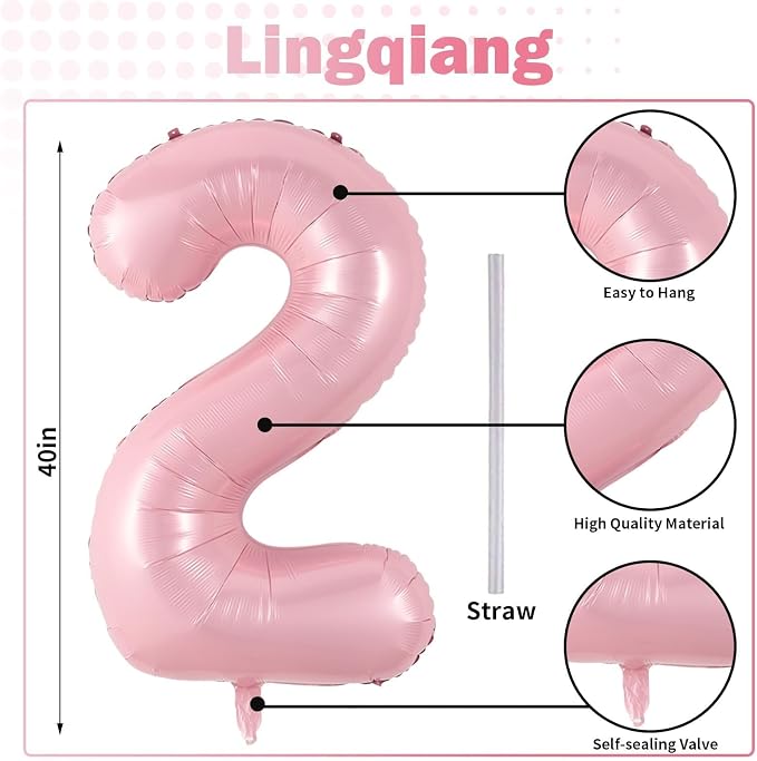 40 Inch Balloon Number 2 Pastel Pink, Large Foil Light Pink Number Balloons Set - Image 2