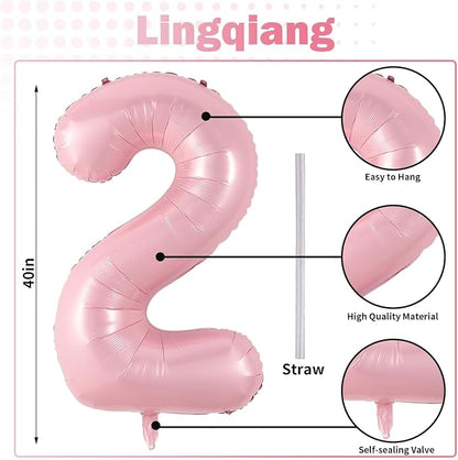 40 Inch Balloon Number 2 Pastel Pink, Large Foil Light Pink Number Balloons Set - Image 2