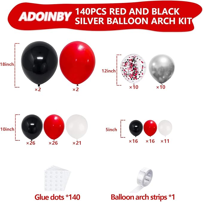 Red Black and White Balloon Arch Kit, ADOINBY 140Pcs Red and Black White Silver - Image 2