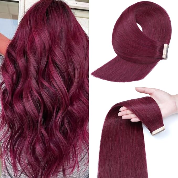 99J Red Wine Burgundy Tape in Hair Extensions Human Hair,14 Inch Human Hair Tape in Extensions 20Pcs Tape Ins Human Hair Extensions for Women Seamless Tape in Hair Extensions Real Human Hair